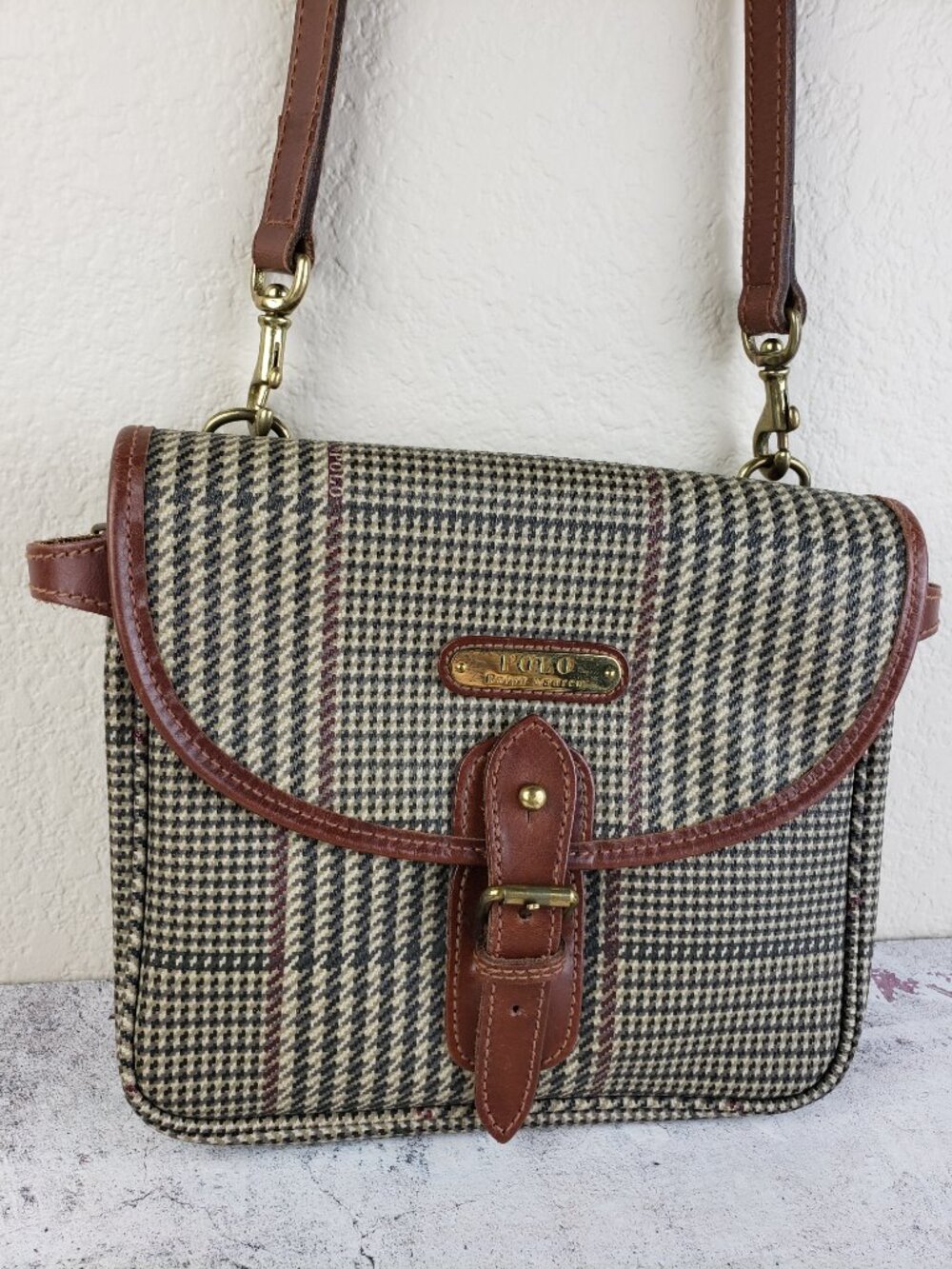 Vintage POLO Ralph Lauren Shoulder Bag Houndstooth Plaid Coated Canvas Leather - Picture 4 of 15